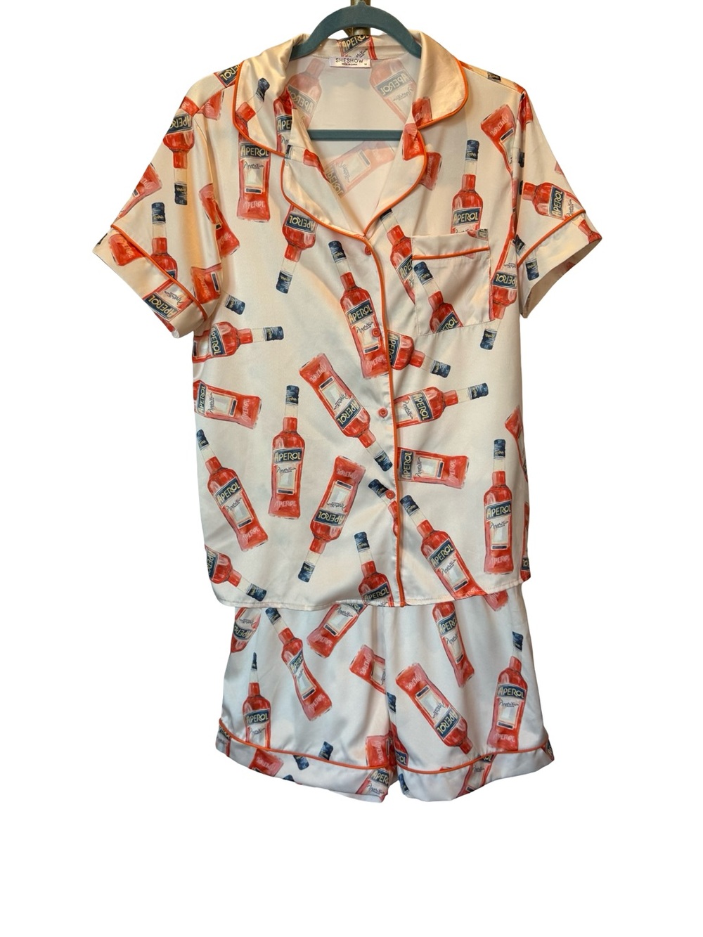 SHESHOW Aperol Bottle Print Satin Pajama Set Size Medium Loungewear Short Set